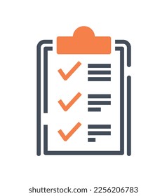 Icono naranja de lista de verificación. Cuestionario, metáfora para tareas terminadas. Motivación, liderazgo y éxito. Planificación y configuración de objetivos. Afiche o cartel para el sitio web. Dibujo vectorial plano de dibujos animados