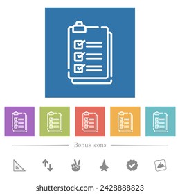 Checklist outline flat white icons in square backgrounds. 6 bonus icons included.