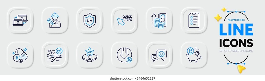 Checklist, Outsource work and Repairman line icons for web app. Pack of Vip table, Niacin vitamin, Loan percent pictogram icons. Confirmed flight, Inflation, Smile signs. Quick tips. Vector