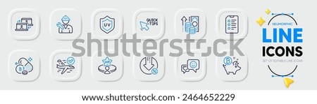 Checklist, Outsource work and Repairman line icons for web app. Pack of Vip table, Niacin vitamin, Loan percent pictogram icons. Confirmed flight, Inflation, Smile signs. Quick tips. Vector