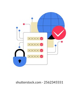 Checklist And Padlock Beside A Globe In Flat Vector Illustration Symbolizing Data Security, Network Safety, And Privacy, Isolated On White Background