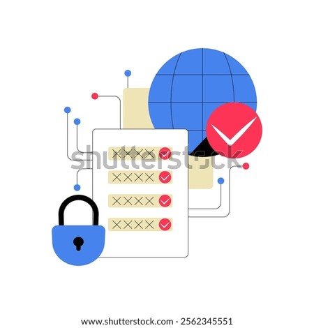 Checklist And Padlock Beside A Globe In Flat Vector Illustration Symbolizing Data Security, Network Safety, And Privacy, Isolated On White Background
