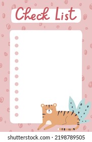 Check-list page background design for diary, planner in Scandinavian style. Printable cute blank checklist paper template with plan points and animal. Childish colored flat vector illustration