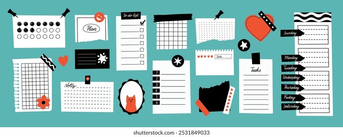 Checklist paper collection. Blank note pages with to do list, sticker templates for daily planners, check mark board for organizer. Vector isolated set.