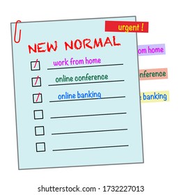 Checklist in the paper document for business  in new normal after COVID-19 is hygienic.Work from home,online conference,online banking In checkbox and the other are empty.