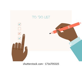 Checklist paper, hand holding pen and write to do roster isolated on white, flat vector illustration. Arm carrying pencil, male author create enumeration, design banner answer yes, no.