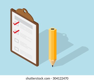 Checklist paper on Clipboard and Pencil Isometric element Vector Illustration