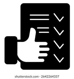Checklist paper and thumb up hand solid icon, design recruitment concept. Vector graphics. Summary of quiz test, success sign on white background, style mobile or design