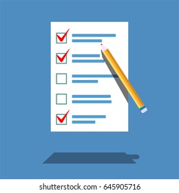 Checklist with Pen. flat design pencil with Shadow vector Illustration. sample editing template. Poster, Banner. Colorful attract attention graphic