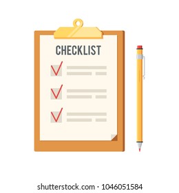 Checklist and pen icon. Clipboard with red ticks checkmarks. To-do list, survey, exam concepts. Vector illustration in flat style design, isolated on white background