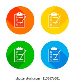 Checklist with pen icon. Flat white icon on colored circles background. Four different long shadows in each corners