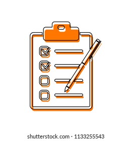 Checklist with pen icon. Isolated icon consisting of black thin contour and orange moved filling on different layers. White background