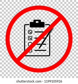Checklist with pen icon. Not allowed, black object in red warning sign with transparent background