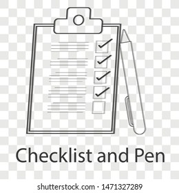 Checklist and pen icon on transparency background. Flat vector illustration.