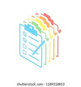 Checklist with pen icon. Stack of colorful isometric icons on white background