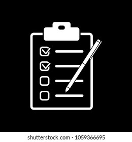 Checklist with pen icon. White icon on black background. Inversion