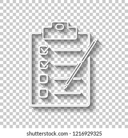 Checklist With Pen Icon. White Outline Sign With Shadow On Transparent Background