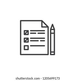 Checklist and pen outline icon. linear style sign for mobile concept and web design. Promotion document simple line vector icon. Survey symbol, logo illustration. Pixel perfect vector graphics