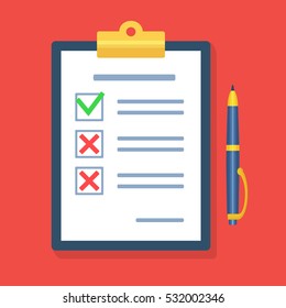 Checklist with a pen.  Questionnaire, survey, clipboard, task list. Icon flat style vector illustration. Filling out forms, planning