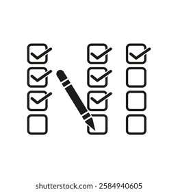 Checklist with pen. Task completion icon. Marked boxes symbol. Vector illustration.