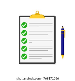 Lista de comprobación con un bolígrafo. Ilustración vectorial. Portapapeles de lista de comprobación en diseño plano