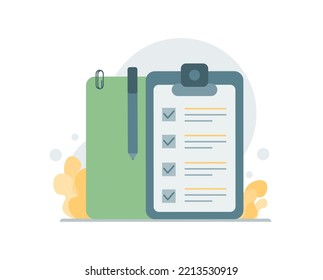 Checklist and pencil drawing ticks checking selection marks. Planning and organization of work. Vector illustration.