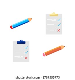 Lista de comprobación y conjunto de objetos vectores de color plano con lápiz. Calendario de planificación. Cuestionario. Lista de verificación de ilustraciones cartográficas aisladas para el diseño gráfico web y la colección de animación