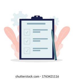 Checklist with pencil in flat style with decorations. Completed To-do list, form for the survey