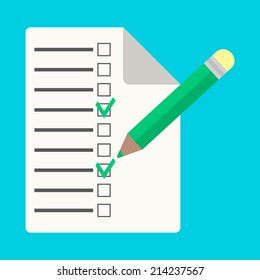 checklist with pencil in flat style. isolated on blue background. vector illustration