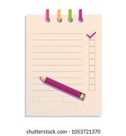 Checklist and pencil. The icon. Flat style. Flags and flags. Make a list, isolated on white background. Place for text.