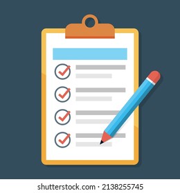 Checklist with pencil icon. Flat vector illustration.