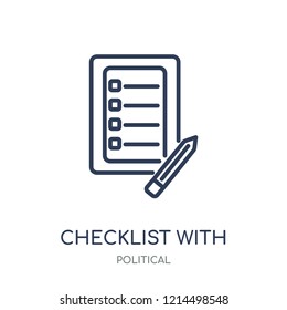 Checklist with a pencil icon. Checklist with a pencil linear symbol design from Political collection. Simple outline element vector illustration on white background.