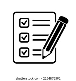 Lista de comprobación con ilustración vectorial de icono de lápiz. Icono de vector de prueba.