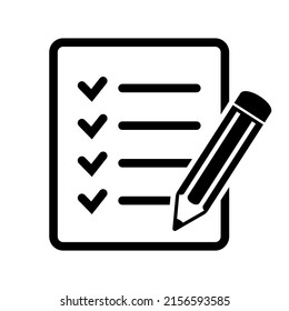 Lista de comprobación con ilustración vectorial de icono de lápiz. Icono de vector de prueba.