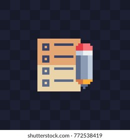 Checklist with pencil. Pixel art flat style. Contact form. Web site design. 8-bit. Isolated abstract vector illustration.