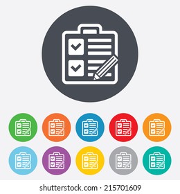 Checklist with pencil sign icon. Control list symbol. Survey poll or questionnaire form. Round colourful 11 buttons. Vector