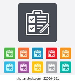 Checklist with pencil sign icon. Control list symbol. Survey poll or questionnaire form. Rounded squares 11 buttons. Vector