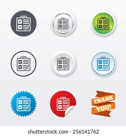 Checklist with pencil sign icon. Control list symbol. Survey poll or questionnaire form. Circle concept buttons. Metal edging. Star and label sticker. Vector