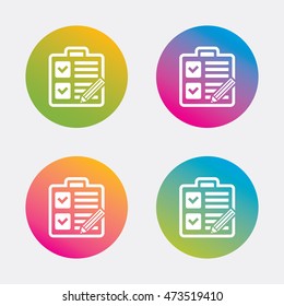 Checklist with pencil sign icon. Control list symbol. Survey poll or questionnaire form. Gradient flat buttons with icon. Modern design. Vector