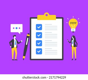 Checklist. People and clipboard with check list. Business report, survey, agreement concepts. Modern graphic elements set. Vector illustration
