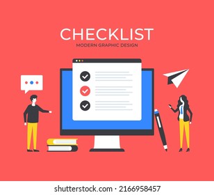 Checklist. People And Computer With Web Browser Window And Checklist. Business Concept. Modern Graphic Elements Set. Vector Illustration