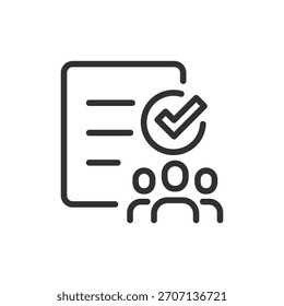 Lista de comprobación y personas, icono lineal. Aprobación de Equipo y verificación de documentos. Línea con trazo editable.