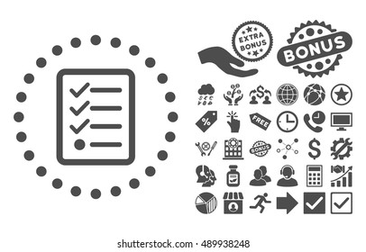 Checklist pictograph with bonus pictograph collection. Vector illustration style is flat iconic symbols, gray color, white background.
