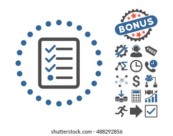 Checklist pictograph with bonus design elements. Vector illustration style is flat iconic bicolor symbols, cobalt and gray colors, white background.