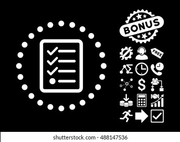 Checklist pictograph with bonus icon set. Vector illustration style is flat iconic symbols, white color, black background.