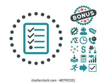 Checklist pictograph with bonus images. Vector illustration style is flat iconic bicolor symbols, soft blue colors, white background.