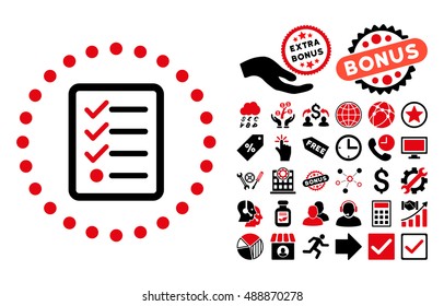 Checklist pictograph with bonus pictures. Vector illustration style is flat iconic bicolor symbols, intensive red and black colors, white background.