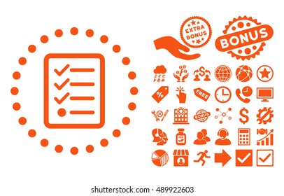 Checklist pictograph with bonus pictures. Vector illustration style is flat iconic symbols, orange color, white background.