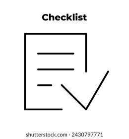 Checklist. Plan. Clipboard with checkmark black line icon. Paper with text, list. Trendy flat isolated symbol for: illustration, outline, logo, app, banner, design, web, dev, ui, ux. Vector EPS 10