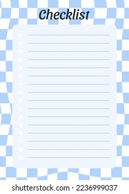 Checklist planner page template. Routine organization. Vertical list on blue checkerboard pattern background. Y2k style. Vector illustration